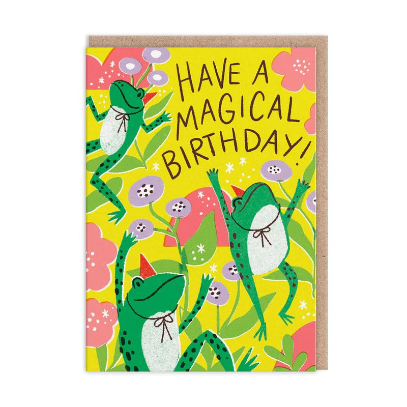 Bright yellow birthday card with dancing green frogs and florals; text Have a Magical Birthday; A6 with kraft envelope by Hello!Lucky