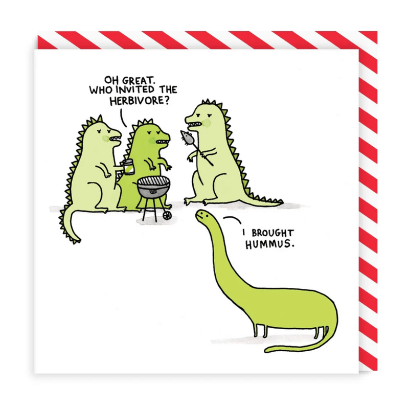 Funny dinosaur birthday greeting card with carnivores barbecuing and herbivore brachiosaurus offering hummus
