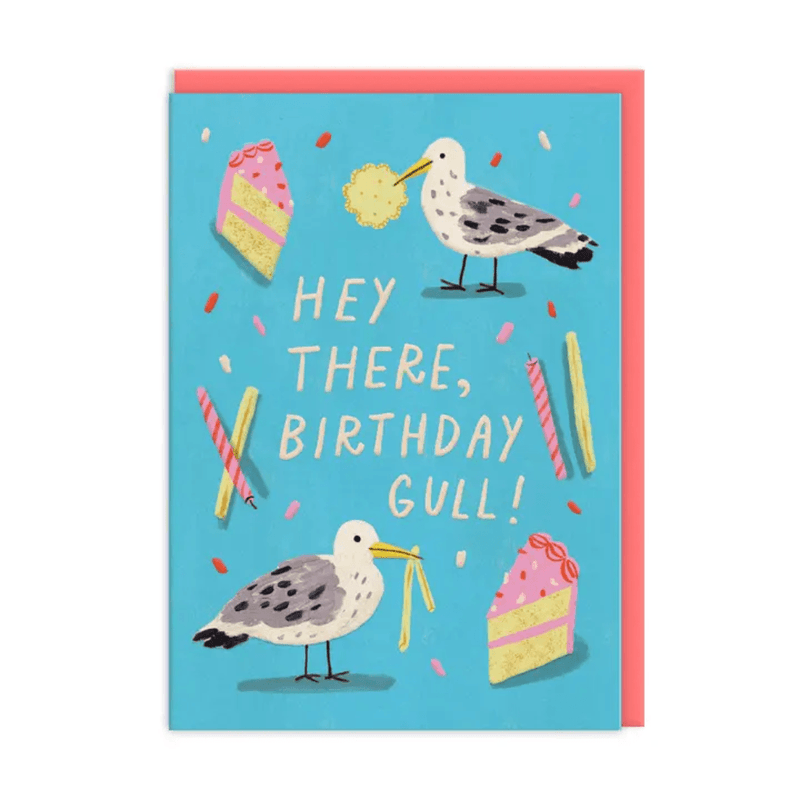Hey There Birthday Gull seagull birthday card by Emily Doliner with cake and chips