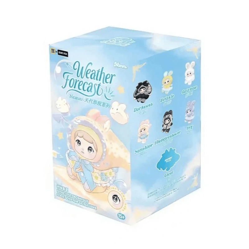 Weather Forecast Blind Box packaging by HiChance & HiTOY showing the series artwork and character line-up.