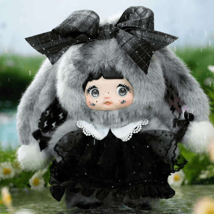 HiChance & HiTOY Weather Forecast Darkness plush blind box doll in grey bunny hood, black bow and black dress.