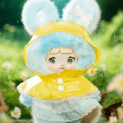 HiChance & HiTOY Weather Forecast Drizzle plush blind box doll in blue bunny hood and yellow raincoat.