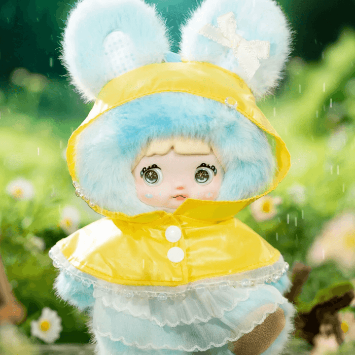 HiChance & HiTOY Weather Forecast Drizzle plush blind box doll in blue bunny hood and yellow raincoat.