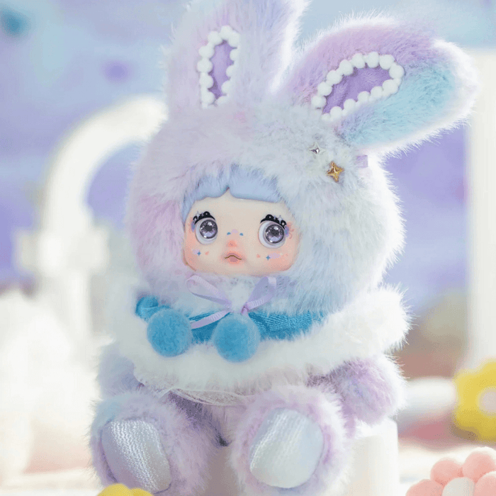HiChance & HiTOY Weather Forecast Fog plush blind box doll in pastel lavender and blue bunny suit with pom details.