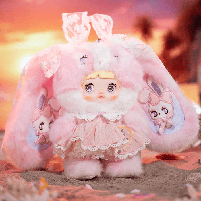 HiChance & HiTOY Weather Forecast hidden Glow plush blind box doll in pink bunny hood with long ears and lace dress.