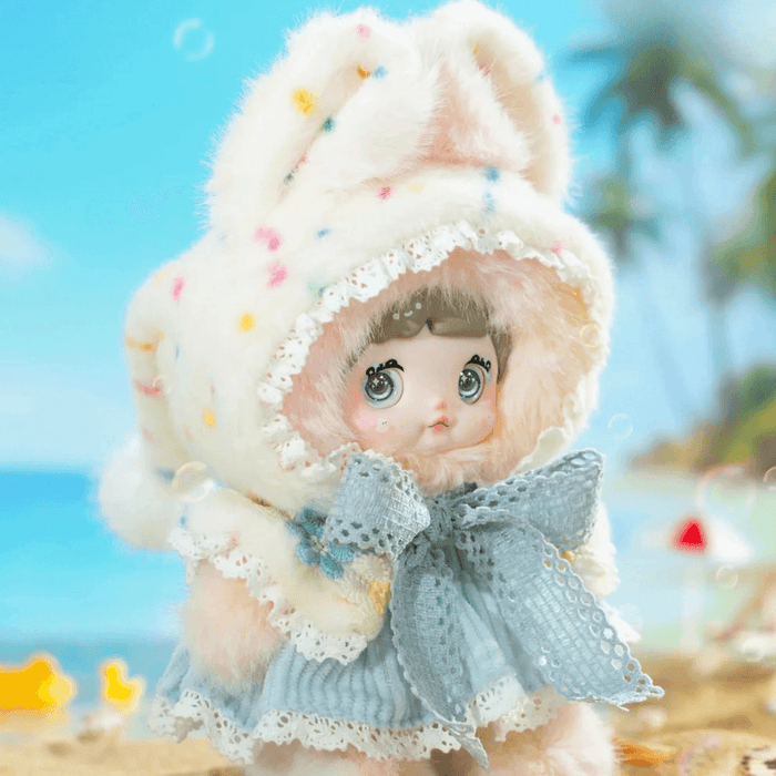 HiChance & HiTOY Weather Forecast Sunshine plush blind box doll in fluffy white hood and blue dress with bow.