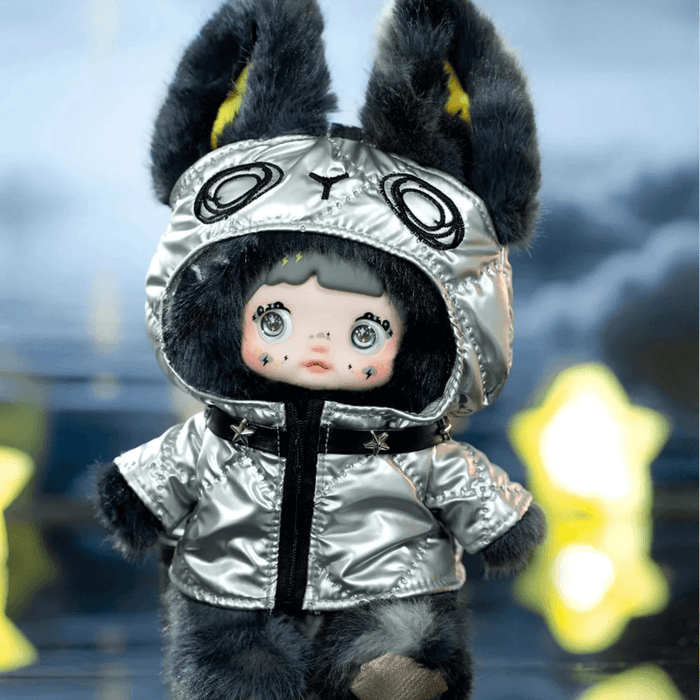 HiChance & HiTOY Weather Forecast Thunderstorm plush blind box doll in black and silver hooded jacket with tall ears.