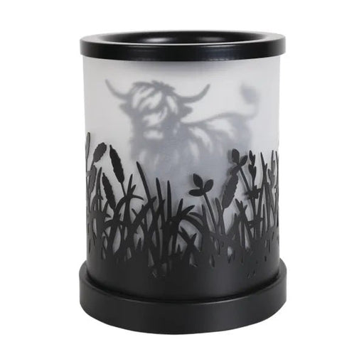 Highland cow silhouette electric wax melt burner unlit, showing the black cut-out field pattern around the base.