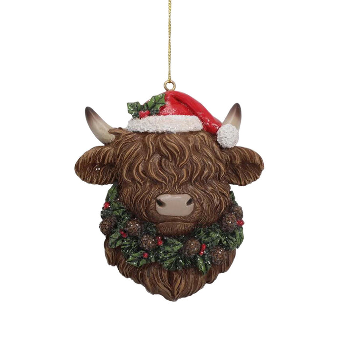 12cm Highland cow head ornament with Santa hat and pinecone wreath.

