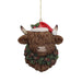 12cm Highland cow head ornament with Santa hat and pinecone wreath.

