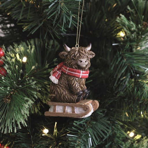 Highland cow sledge ornament hanging on a lit Christmas tree, 9cm.

