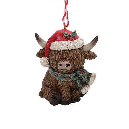 8cm Highland cow ornament in Santa hat and green scarf, hanging decoration.

