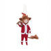 Felt Highland cow in red Santa suit holding a sack, hanging Christmas tree decoration.