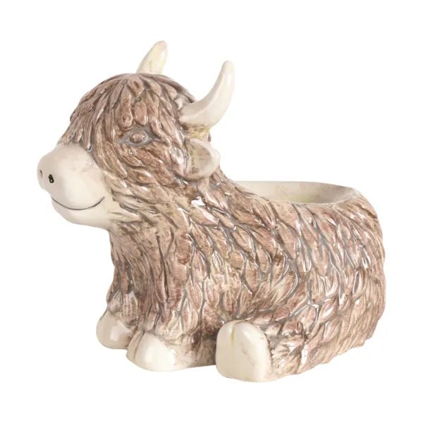 Front view of ceramic Highland Cow sitting wax melt burner