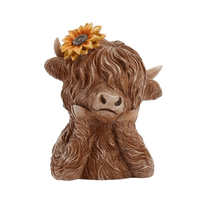 Sunflower-topped Highland cow figurine, approx. 9 x 11cm, front view on white background for autumn home décor.