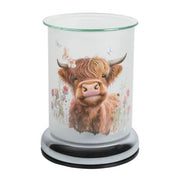Highland cow touch wax melt burner with a frosted glass design, illustrated cow and a clear glass dish on top.