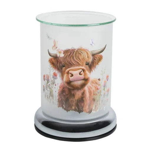 Highland cow touch wax melt burner with a frosted glass design, illustrated cow and a clear glass dish on top.