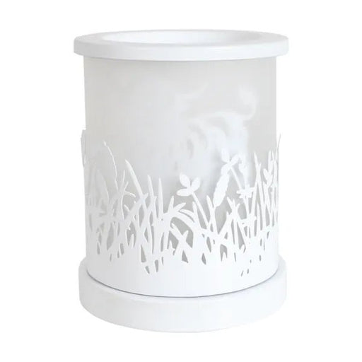 White Highland cow silhouette electric wax melt burner unlit, showing the cut-out field pattern around the base.