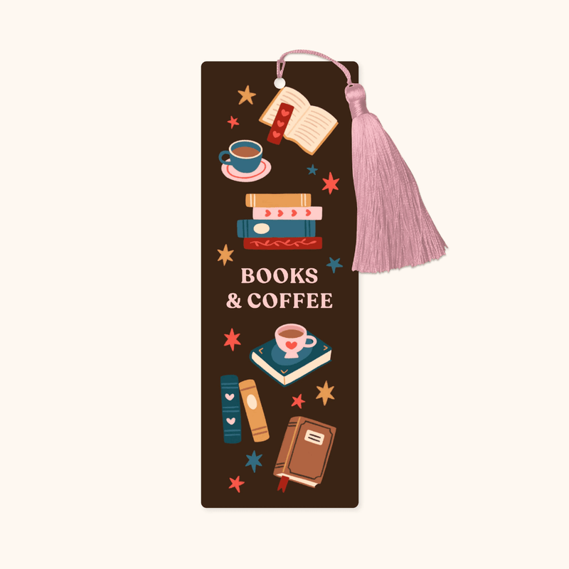 Hopscotch Paper Co. Books and Coffee bookmark with pink tassel