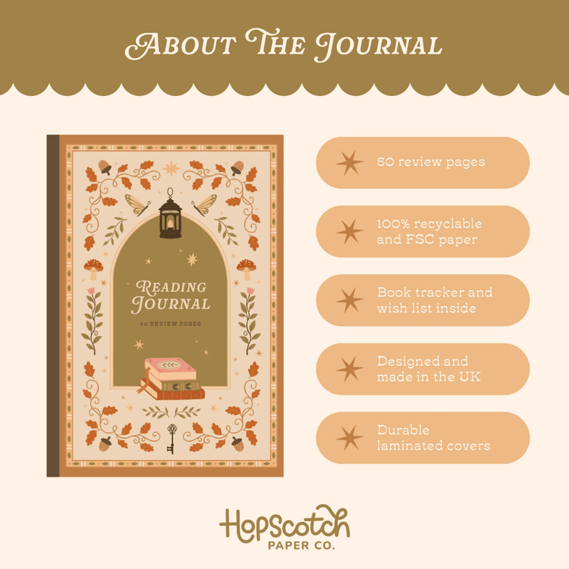 About the journal details for the Cosy Season Reading Journal by Hopscotch Paper Co.