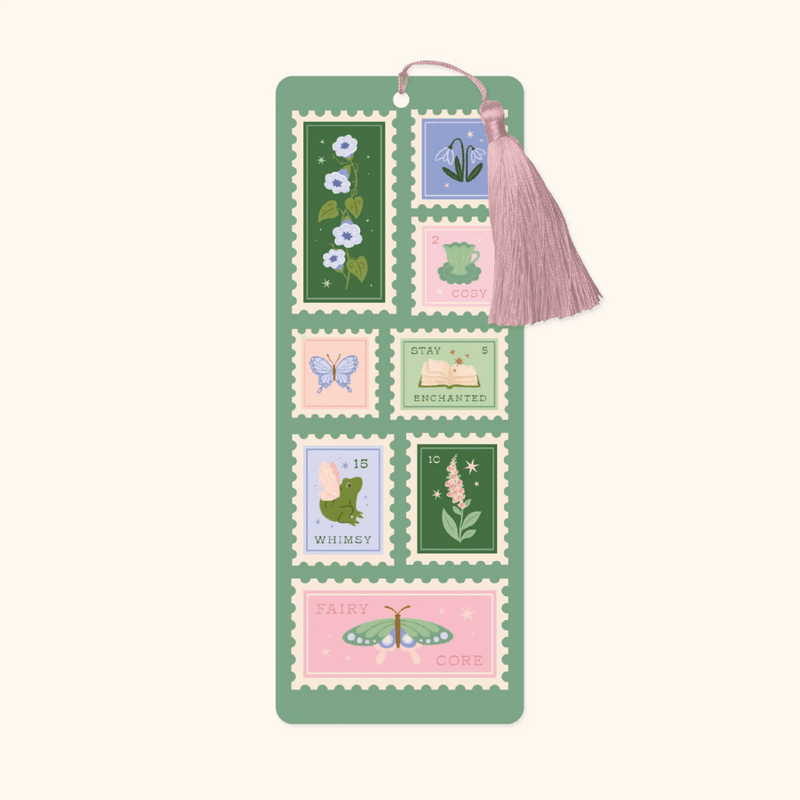Hopscotch Paper Co. Fairycore Stamps bookmark with pink tassel