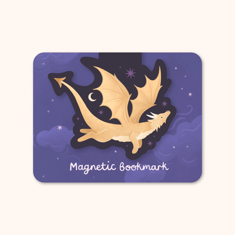 Hopscotch Paper Co. Gold Dragon magnetic bookmark with purple starry sky design