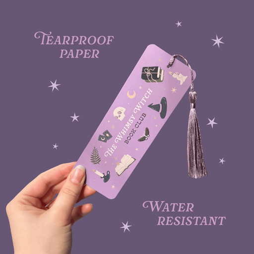 Whimsy Witch Book Club tearproof water-resistant bookmark with purple tassel