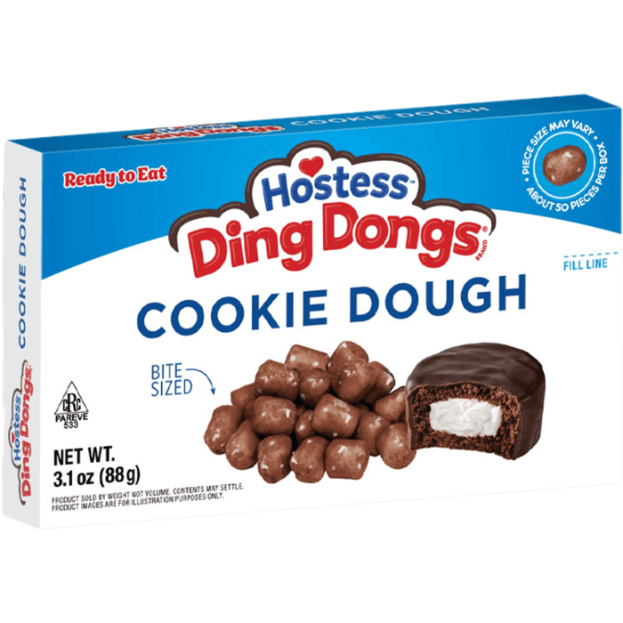 Hostess Ding Dongs Cookie Dough Bites theatre box with chocolate flavour cookie dough pieces