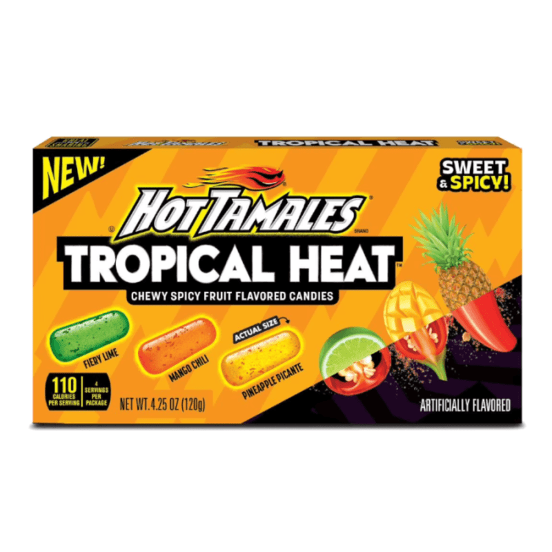 Hot Tamales Tropical Heat 120g theatre box of fiery lime, mango chilli and pineapple picante candy