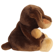 Side view of Palm Pals Houdini Dachshund brown sausage dog plush