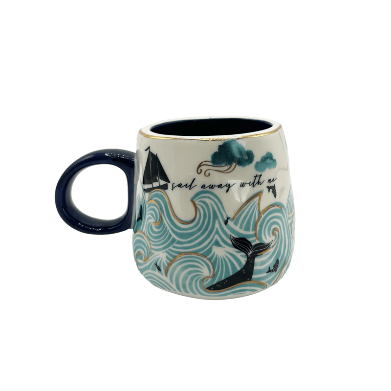 Side view showing sail away with me text, waves and whale tail illustration with gold highlights
