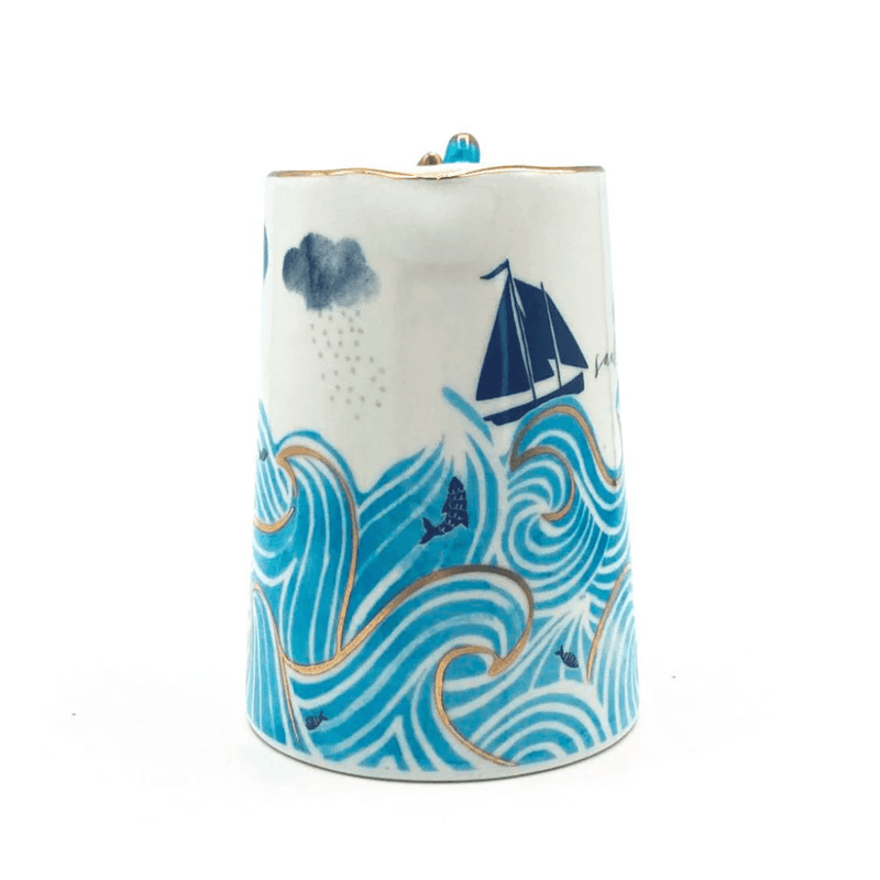 Side view with ship illustration, crashing waves and gold accents