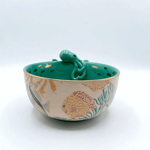 Front view of the bowl highlighting the 3D octopus and coral illustration