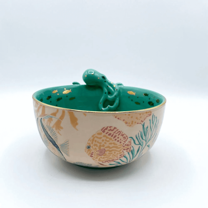 Front view of the bowl highlighting the 3D octopus and coral illustration