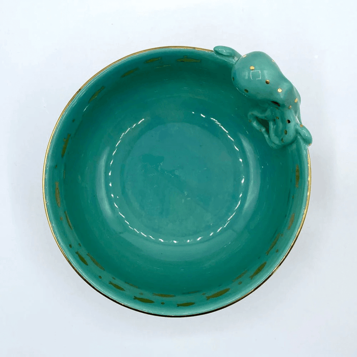 Top view of the Coral Octopus Bowl showing teal interior and gold-foil fish details