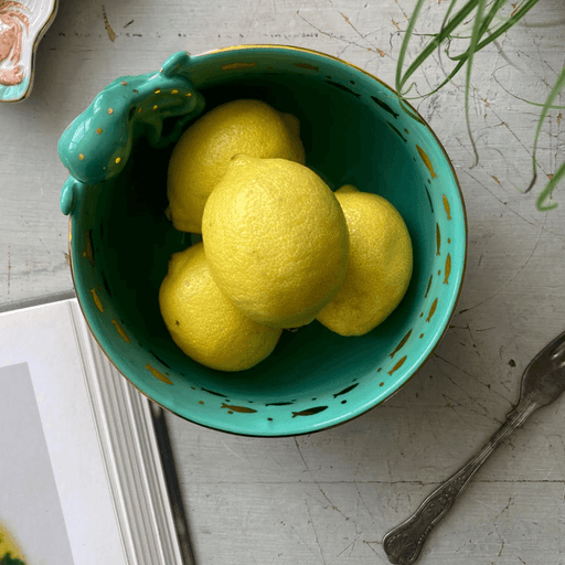 Overhead view of the teal interior with gold-foil touches and lemons inside