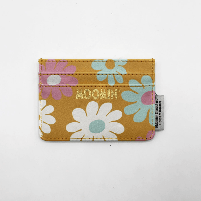Back view of House of Disaster Moomin floral card holder with pastel daisy print and gold Moomin logo
