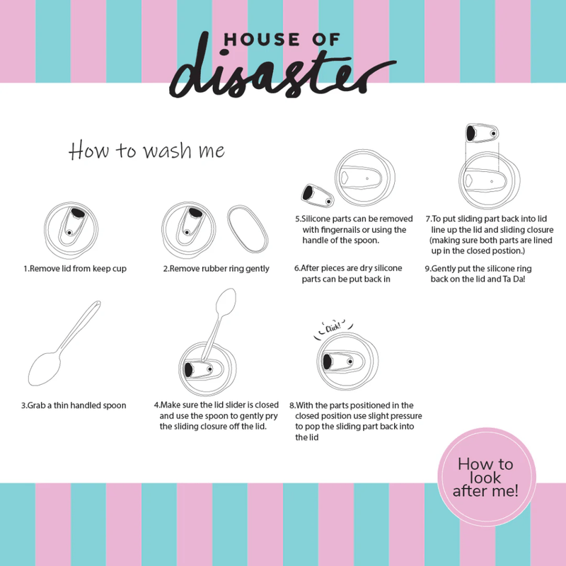 Care instructions sheet for House of Disaster Moomin Floral keep cup lid cleaning and washing