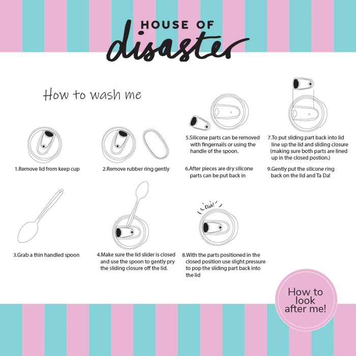Care instructions sheet for House of Disaster Moomin Floral keep cup lid cleaning and washing