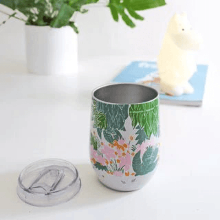 House of Disaster Moomin Floral thermal tumbler with lid removed showing the floral wraparound design
