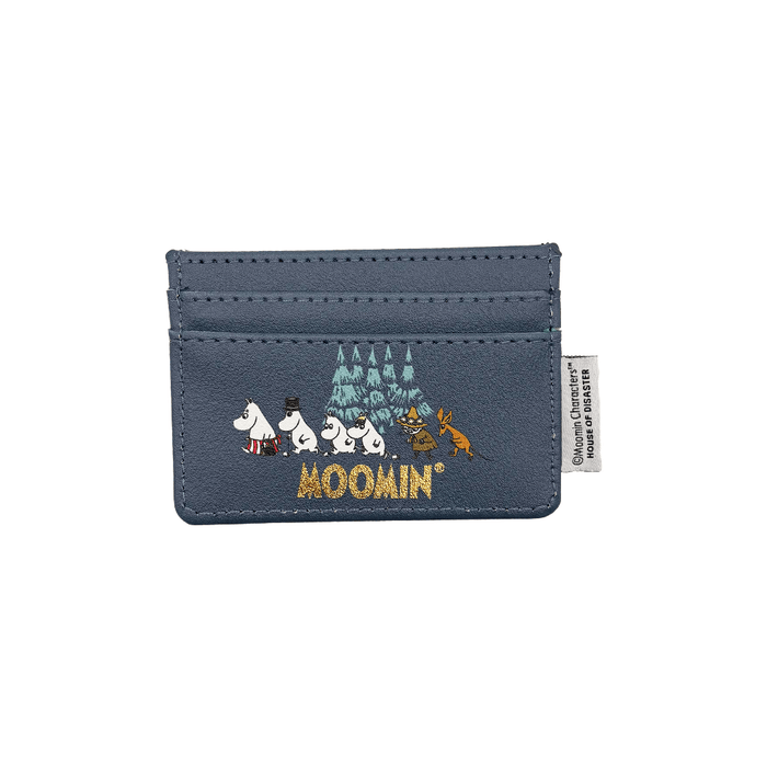 Back view of House of Disaster Moomin Forest card holder with gold Moomin logo and small woodland character print