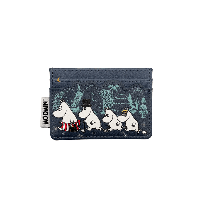 Front view of House of Disaster Moomin Forest card holder with Moomin characters walking through a forest scene