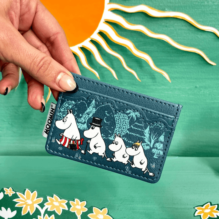 House of Disaster Moomin Forest card holder held in hand showing the front woodland character design