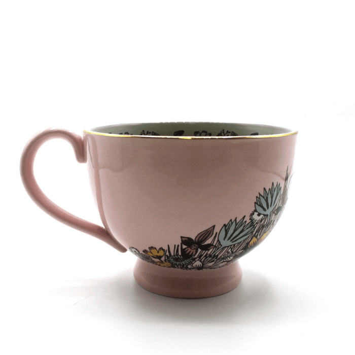 Back view of House of Disaster Moomin Love cup with pink porcelain finish and floral border detail