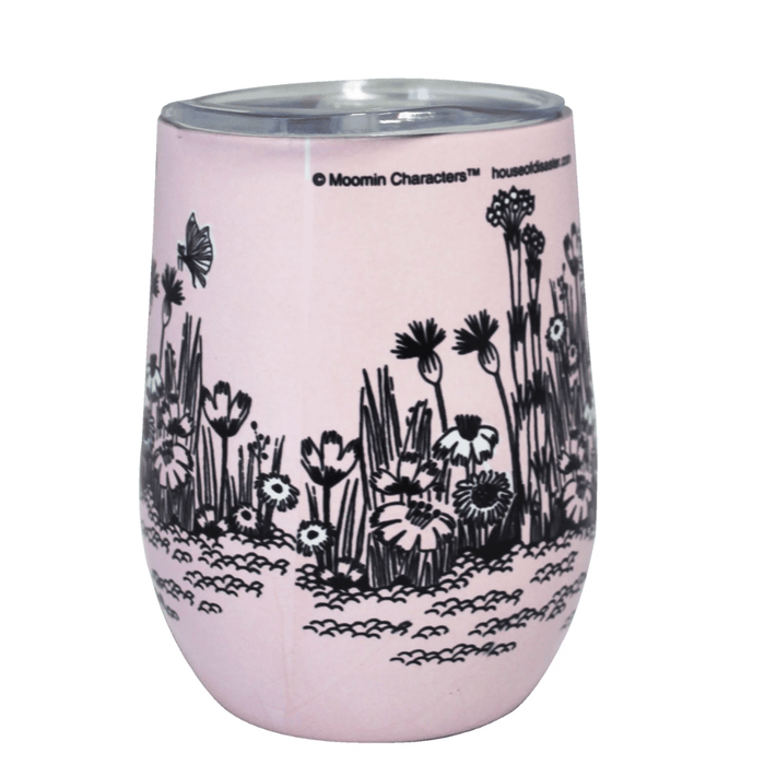 Back view of House of Disaster Moomin Love keep cup with black floral meadow illustration on a soft pink background