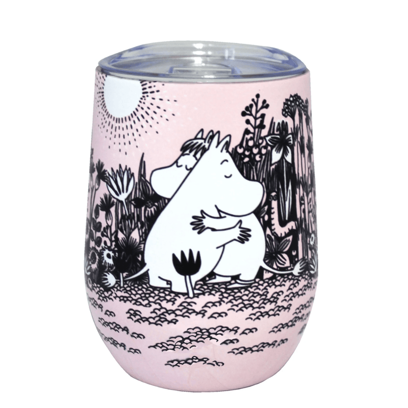 Front view of House of Disaster Moomin Love keep cup with Moomin and Snorkmaiden hugging beneath a sun motif