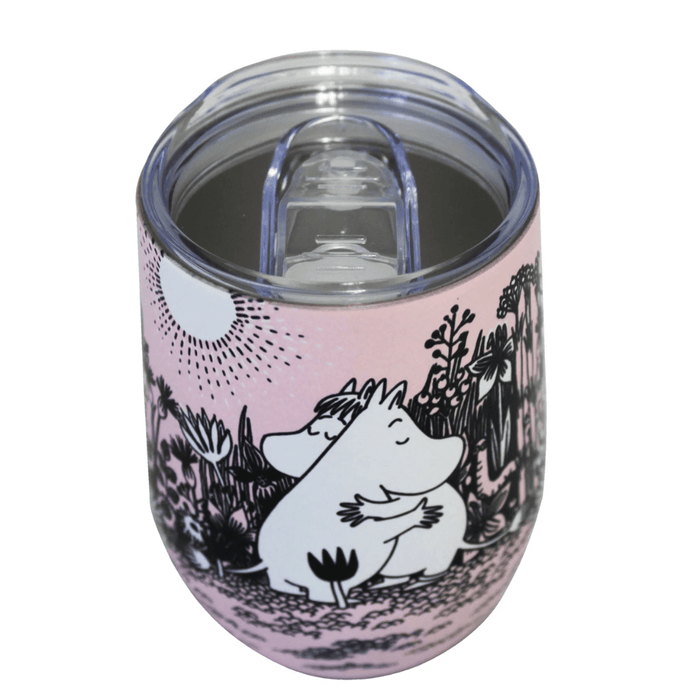 Top view of House of Disaster Moomin Love keep cup showing clear spill-resistant lid and pink printed tumbler body