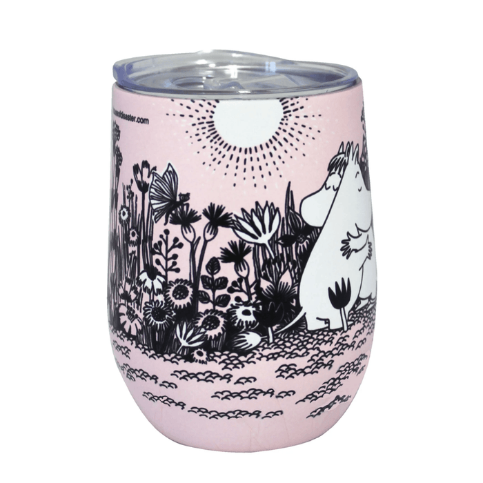 Side angle of House of Disaster Moomin Love keep cup showing floral illustration and partial Moomin character design