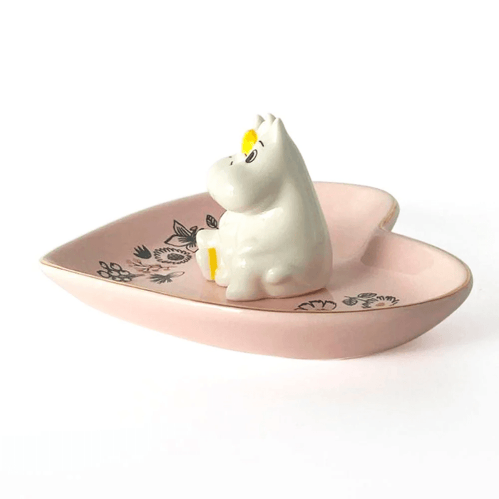 Angled view of House of Disaster Moomin Love trinket dish with floral detail and gold-edged heart-shaped tray