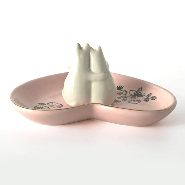 Back view of House of Disaster Moomin Love porcelain ring dish with heart-shaped tray and floral print detail